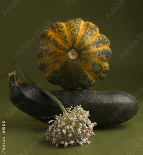 Still life with zucchini, pattison and leek flower. photo