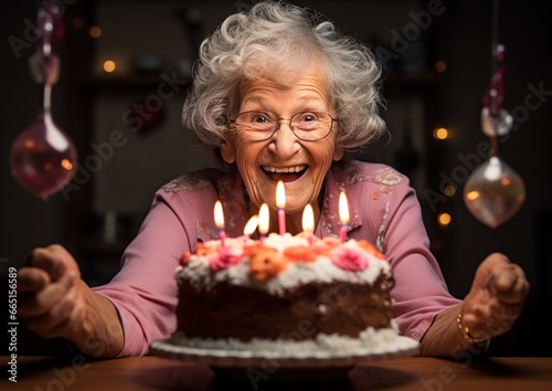 Jubilant elderly woman with a wide smile celebrating with a birthday cake