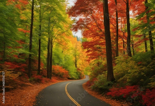 AI generated illustration of a scenic view of a winding road surrounded by vibrant fall foliage