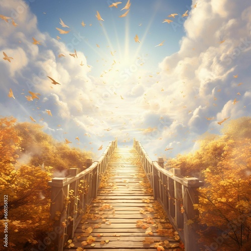 AI generated illustration of a wooden bridge on an autumn sunny day