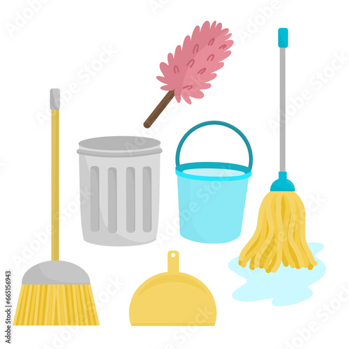 Cleaning equipment : broom,  bucket, dustpan, trash can, feather duster, mop