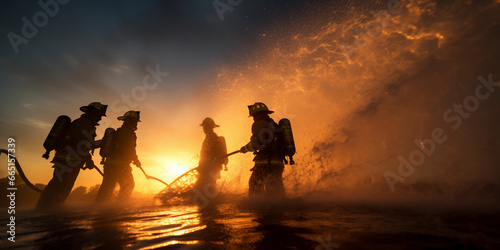 Firefighters spraying water  backlit by flames  focus on water droplets  teamwork