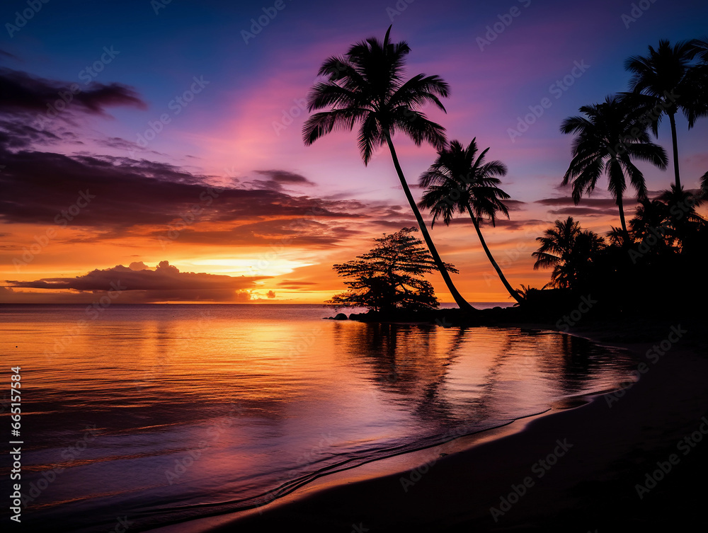 Sundown at tropical beach, silhouette of palm trees, sky transitions from blue to purple, fiery sun sinking into ocean
