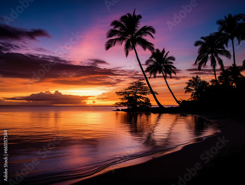 Sundown at tropical beach, silhouette of palm trees, sky transitions from blue to purple, fiery sun sinking into ocean