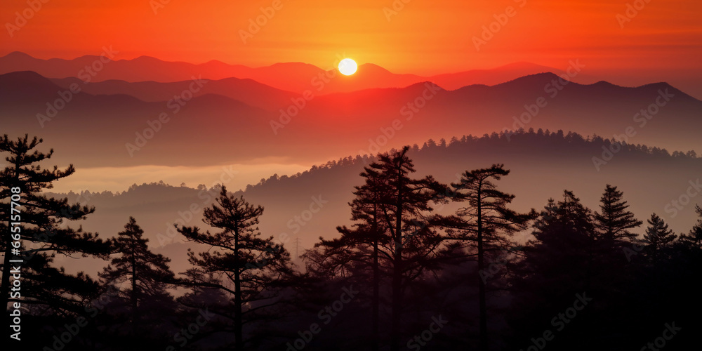 Sundown over mountain range, fiery orange and red sky, silhouettes of pine trees, wisps of fog, telephoto lens