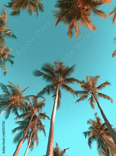 Palm trees reaching into the clear blue sky