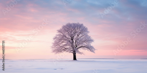 Sundown in winter landscape, snow - covered fields, sky with gradient of pastel pink and blue, lone tree silhouette