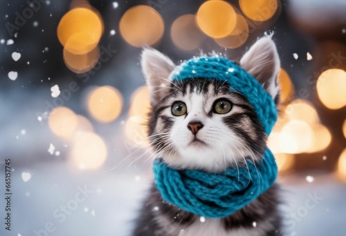 AI generated illustration of An adorable cat wearing scarf in winter with a blurry background