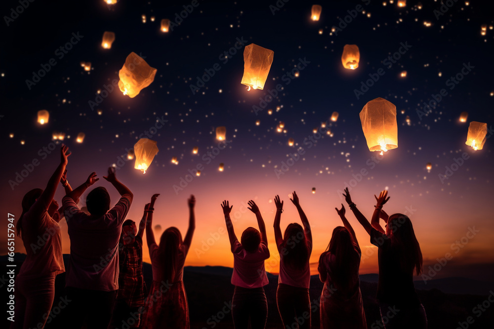 A group of friends releasing lanterns into the night sky, love and creativity with copy space
