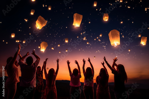 A group of friends releasing lanterns into the night sky, love and creativity with copy space