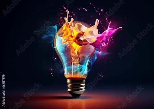 Energetic burst of colorful hues from illuminated light bulb on dark backdrop
