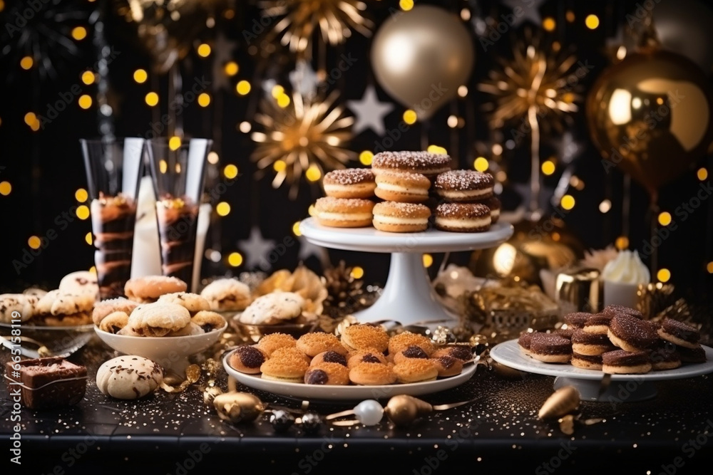 A creative New Year's Eve dessert display with a variety of treats, love and creativity with copy space