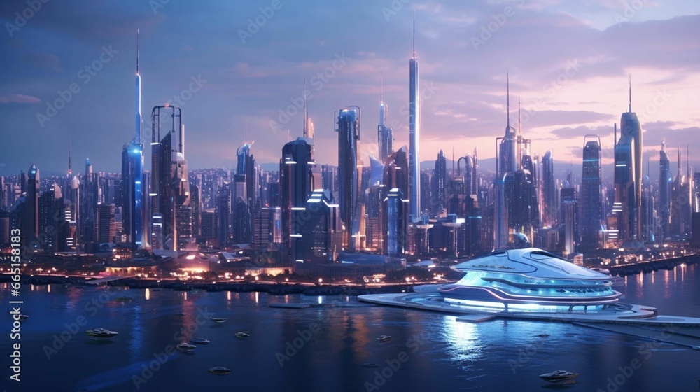 Fototapeta premium AI generated illustration of a scenic view of a metropolitan city skyline with illuminated buildings