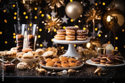 A creative New Year's Eve dessert display with a variety of treats, love and creativity with copy space