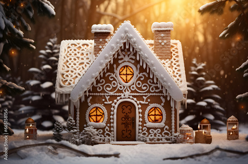 Christmas Cookies, Christmas gingerbread house, Hand decorated, holiday pastries, lights blurred backdrop, bokeh background, Close up of gingerbread houses © elina