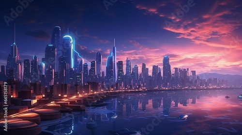 AI generated illustration of a vibrant futuristic cityscape illuminated by the fading sunset