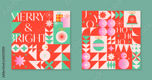 Christmas and Happy New Year greeting card templates.Festive vector backgrounds in flat modern style with traditional winter holiday symbols.Xmas pattern designs for branding,invitations,prints,smm