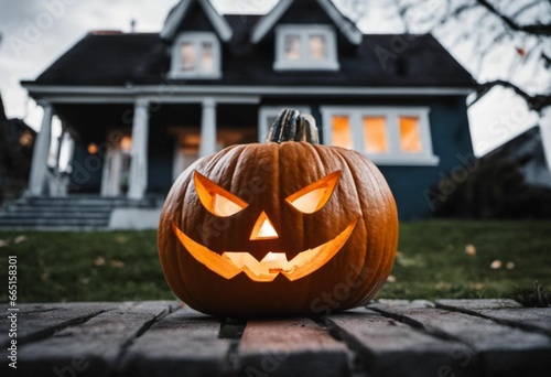 a jack - o'lantern pumpkin sitting outside a house with the door open
