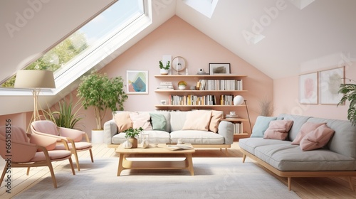 A Scandinavian-style attic living room with a slanted ceiling, adorned with pastel hues, comfortable seating, and plenty of natural light. © nomi_creative