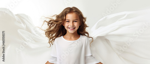 Happy smiling little girl, child, kid isolated on white background. Female portrait shoot. Close up. Childhood.  Mockup, template with copy space. Generative ai. photo