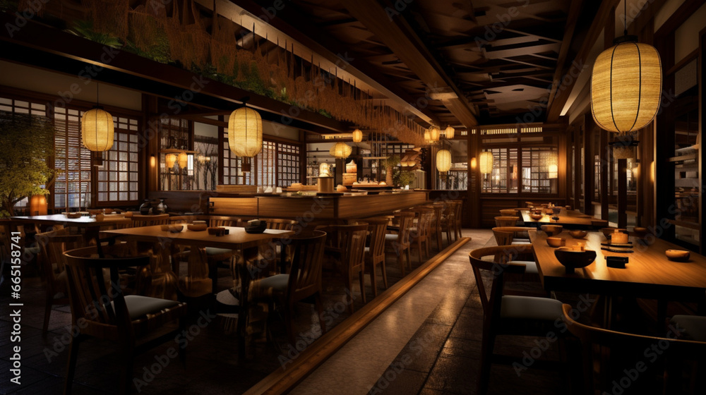 Restaurant typique japonais. Ambiance asiatique, lumières. Lieu de restauration. Pour conception et création graphique.