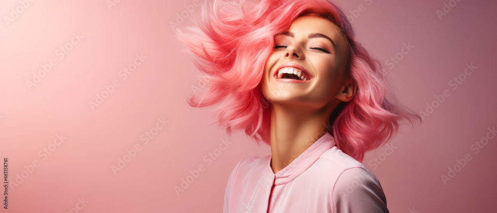 Charming smiling girl, young woman, female with pink hair isolated on pink background. Youth Female portrait shoot. Close up. Mockup, template with copy space. Generative ai. Charming smiling girl, young woman, female with pink hair isolated on pink background. Youth Female portrait shoot. Close up. Mockup, template with copy space. Generative ai.