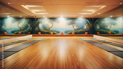 A serene yoga studio with natural bamboo flooring, soft lighting, and tranquil murals.