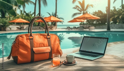 Laptop and handbag are sitting on a wooden table next to a swimming pool, AI-generated. © Wirestock