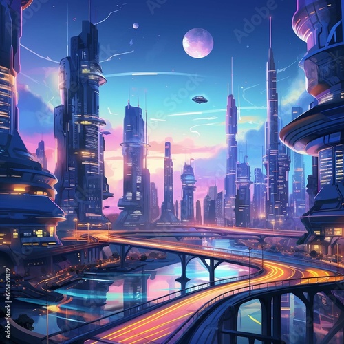 AI generated illustration of a modern cityscape with illuminated buildings and neon lights