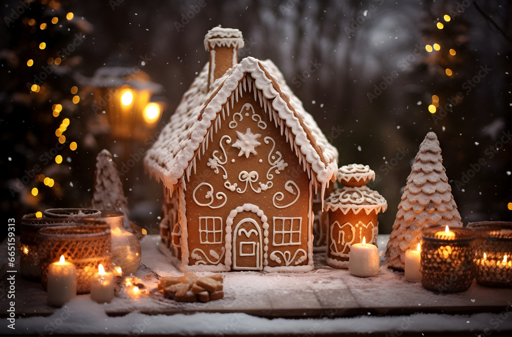 Christmas Cookies, Christmas gingerbread house, Hand decorated, holiday pastries, lights blurred backdrop, bokeh background, Close up of gingerbread houses Christmas Cookies, Christmas gingerbread house, Hand decorated, holiday pastries, lights blurred backdrop, bokeh background, Close up of gingerbread houses