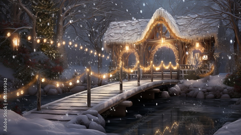 A snow-covered bridge over a babbling brook, adorned with garlands and twinkling fairy lights