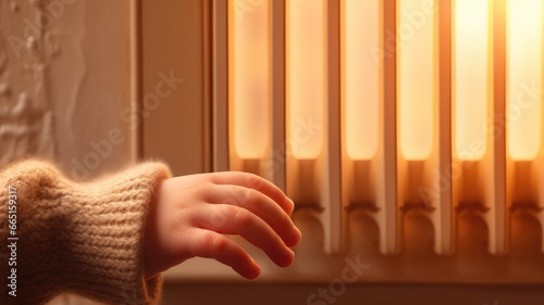 a child's hand placed on a warm radiator against a soft, light wall, symbolizing comfort and warmth in a home.