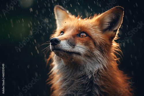 A red fox sitting in the rain. Portrait.