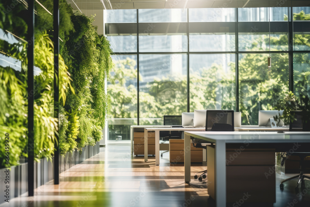 Green living wall with perennial plants in modern office. Urban gardening landscaping interior design. Fresh green vertical plant wall inside office - obrazy, fototapety, plakaty 