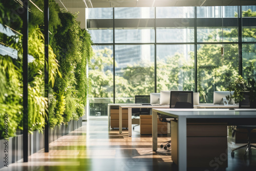 Green living wall with perennial plants in modern office. Urban gardening landscaping interior design. Fresh green vertical plant wall inside office photo