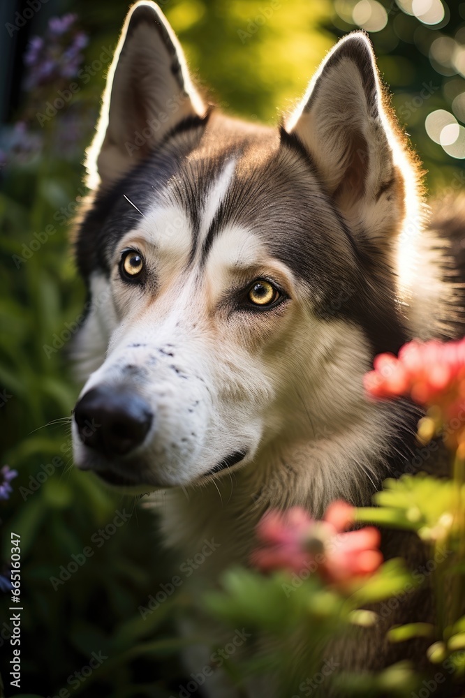 A beautiful Husky dog in a sunlit summer garden.