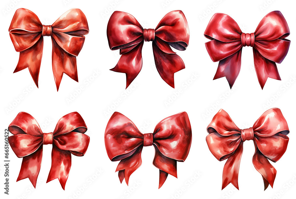 A set of gorgeous different red bows on a white background, drawing with watercolors or paints.