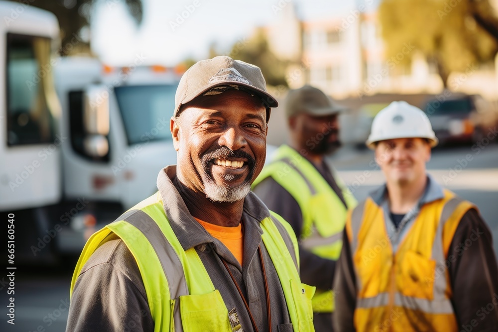 Portrait of a middle aged sanitation worker in the street Portrait of a middle aged sanitation worker in the street