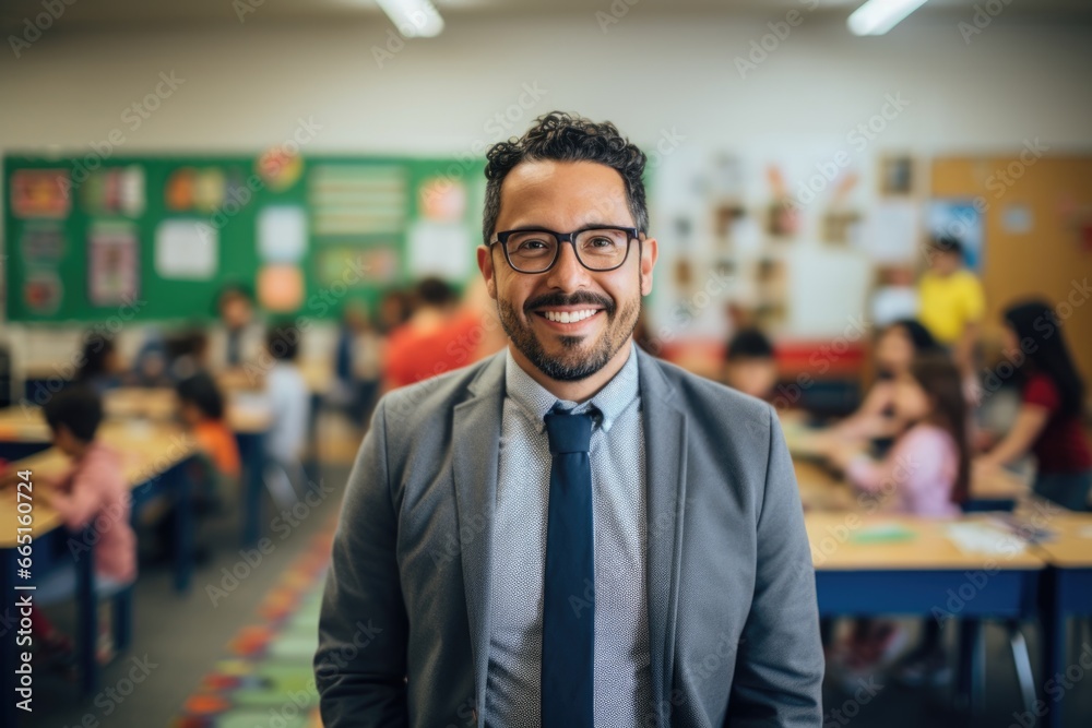 Portrait of a middle aged teacher in a classroom Portrait of a middle aged teacher in a classroom