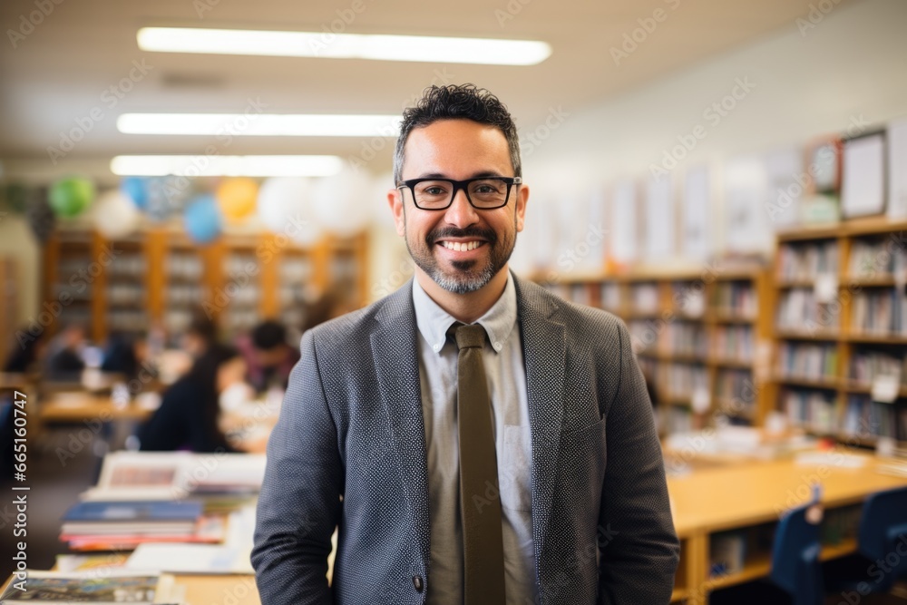 Portrait of a middle aged teacher in a classroom Portrait of a middle aged teacher in a classroom