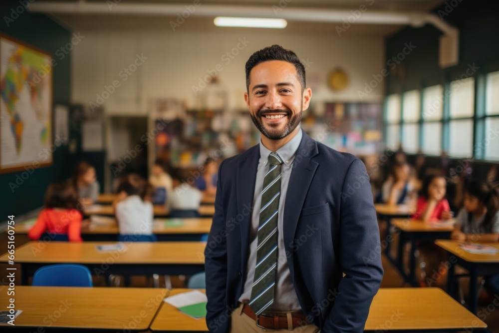 Portrait of a middle aged teacher in a classroom Portrait of a middle aged teacher in a classroom