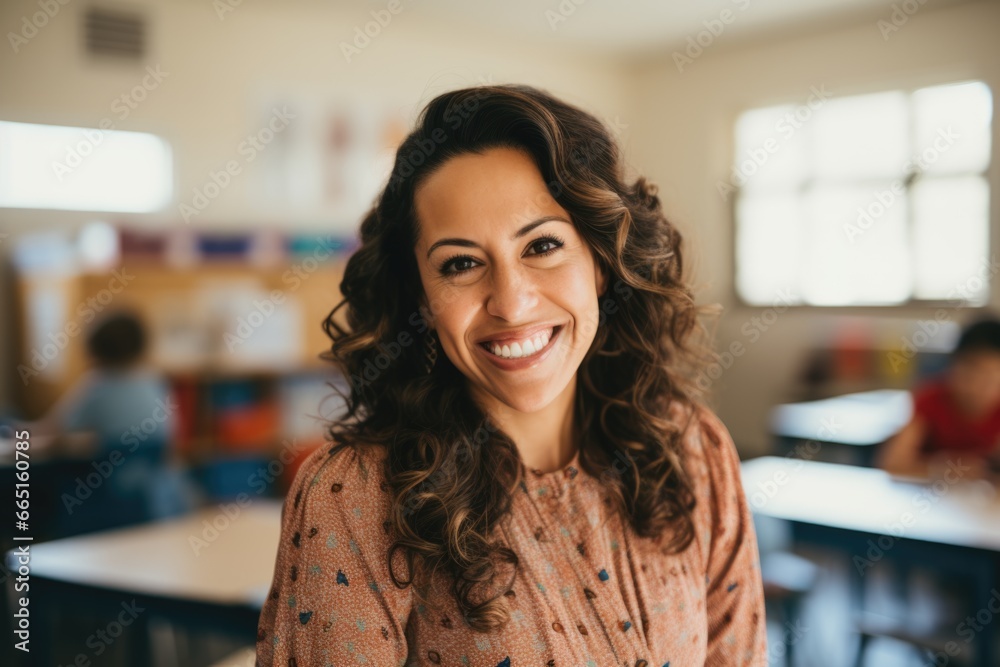 Portrait of a smiling young teacher in her classroom Portrait of a smiling young teacher in her classroom