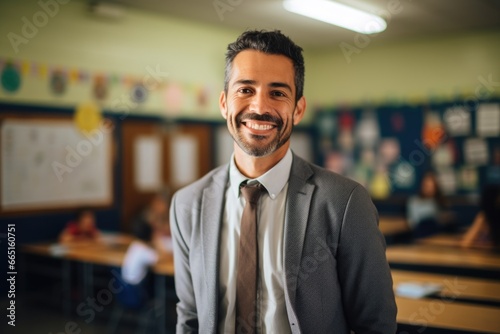 Portrait of a middle aged teacher in a classroom