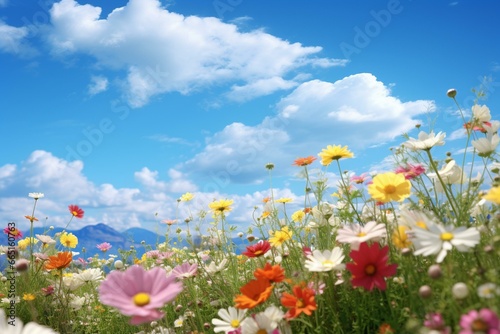 Flowers in field under clear blue sky. Generative AI