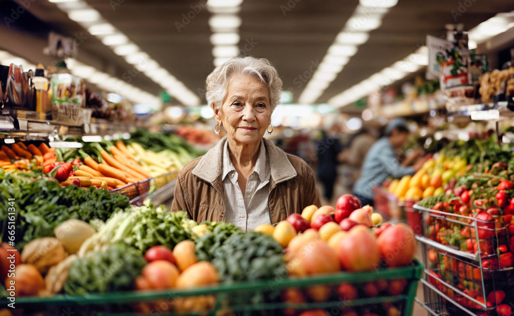 Elderly woman smiling while shopping at the supermarket