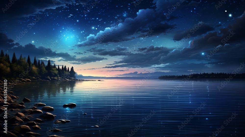 A starry night sky over a peaceful lakeshore, the universe's grandeur on full display.