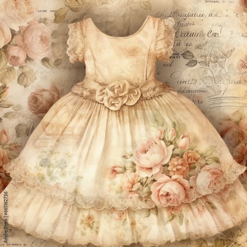 Portrait of a young girl's cute little dress cute baby old paper, vintage junk journal digital paper