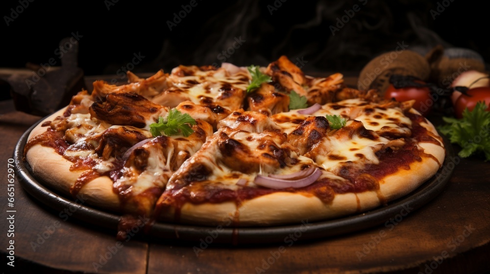 A steaming hot barbecue chicken pizza fresh out of the oven, exuding the aroma of grilled chicken and barbecue sauce.