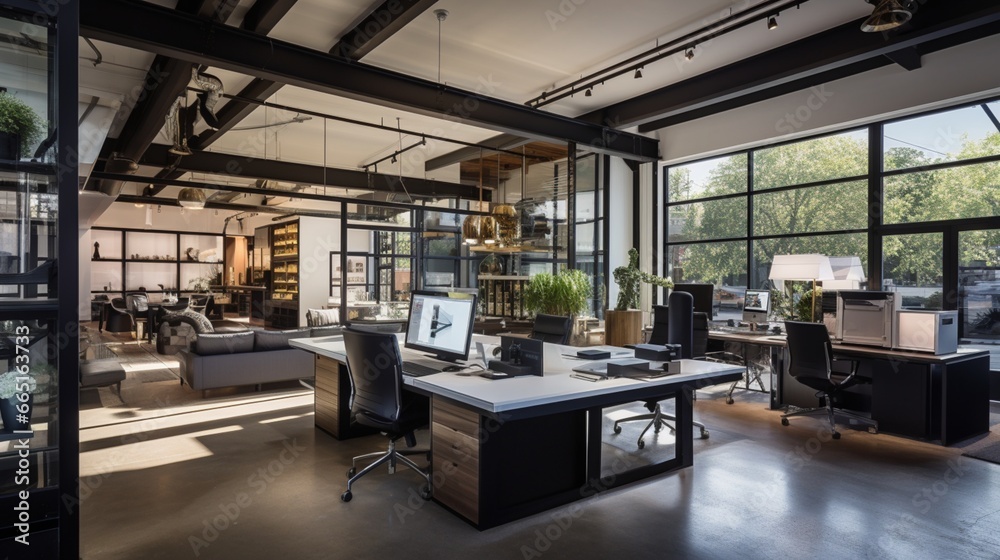 A stylish architecture firm office with a focus on sustainable design and creativity.