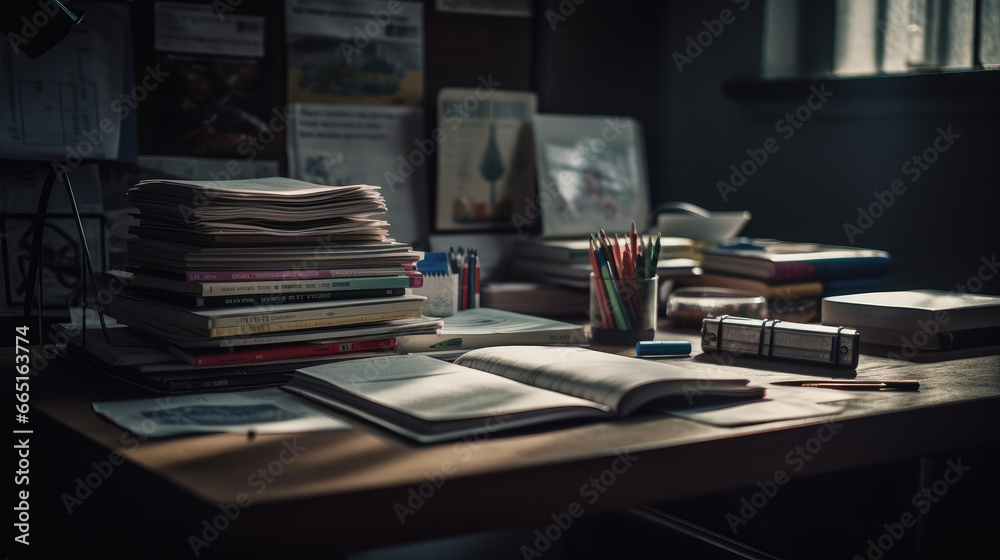 School books on desk, education concept. School books on desk, education concept.